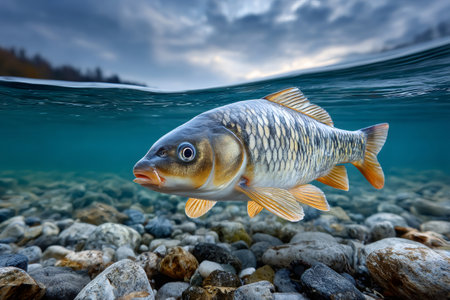 Carp swimming in clear river water with an over under view showcasing natureの素材