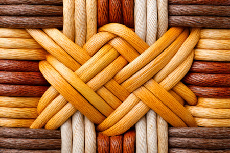 Close up showing a detailed blend of natural fiber strands in a complex weaveの素材