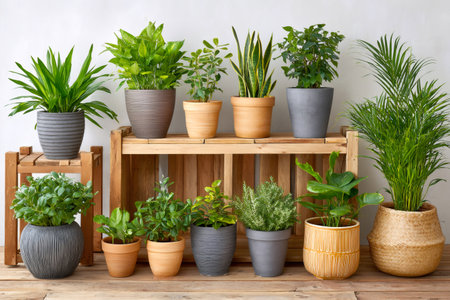 Assortment of potted plants creating a green indoor garden displayの素材