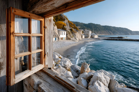 Wooden window opening looking out at a tranquil beach, ocean, and historic buildings along the coastの素材