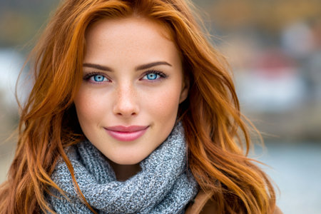 Redhead woman with blue eyes and freckles smiling, wearing a warm gray scarfの素材