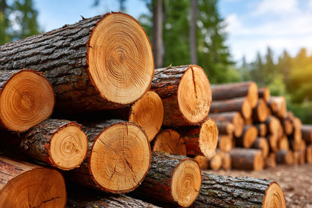 Lumber logs stacked in a forest setting, showcasing wood industry and sustainable forestryの素材