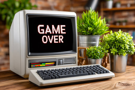 Retro personal computer displaying game over message on a pixelated screenの素材
