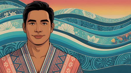 Happy man wearing patterned garment against a background of decorative wavesの素材