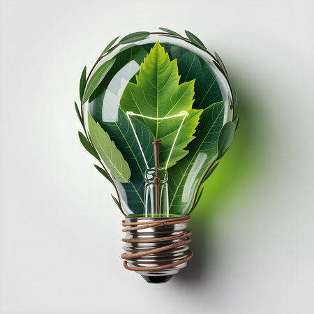 Light bulb filled with green leaves symbolizing eco friendly power and sustainable innovationの素材