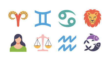 Collection of colorful horoscope signs representing astrology and a human profileの素材