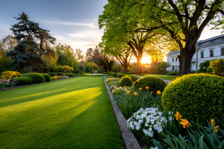 Sun shining through trees in a lush park with green grass and colorful spring flowersの素材