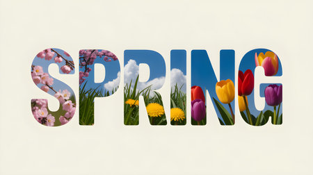 Spring word revealing cherry blossoms, dandelions, colorful tulips, grass, and blue sky inside its lettersの素材