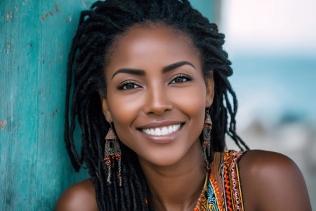 Woman with dreadlocks smiling, standing outdoors facing the cameraの素材