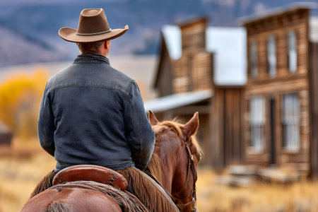 Cowboy on horseback looking towards historic wooden buildings in an autumn landscapeの素材
