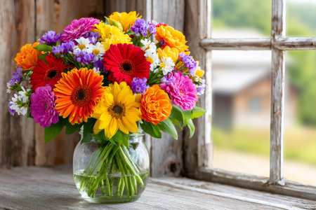Bright gerbera daisies and other fresh blossoms creating a vibrant still lifeの素材