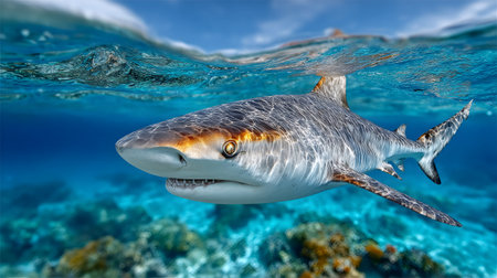 Shark swimming predatorially near the water surface over a coral reefの素材