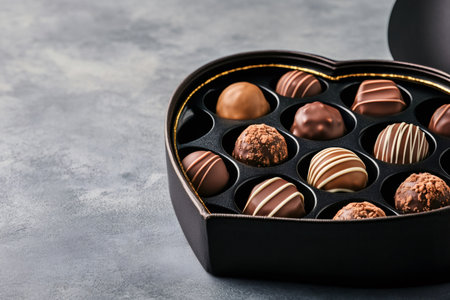 Heart shape box filled with various delicious chocolate pralines on a gray backgroundの素材