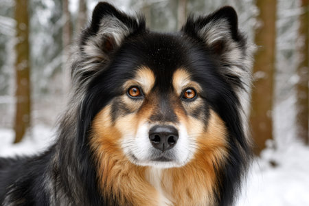 Finnish lapphund dog looking directly, playing outdoors in a snowy winter forestの素材