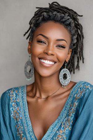 Beautiful black woman smiling, showing happiness and confidenceの素材