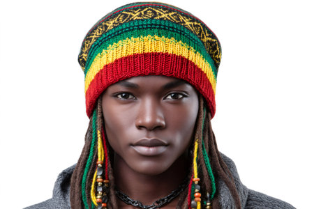 Confident young man wearing rasta beanie with dreadlocks and neutral expressionの素材