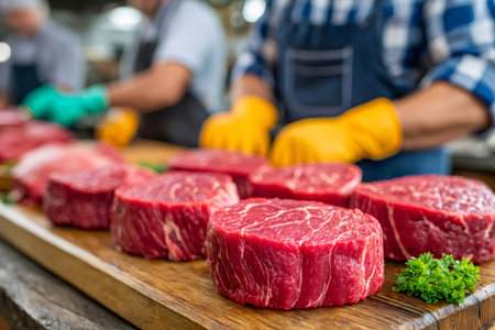 Fresh beef steaks ready for sale in a butcher shop displaying quality meatの素材
