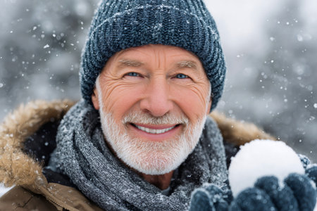 Happy senior man enjoying falling snow, wearing warm winter clothingの素材