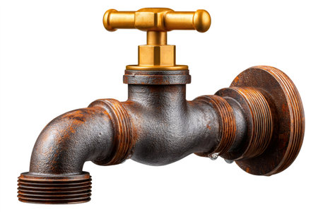 Old rusty water tap featuring golden handle dripping and single water dropの素材