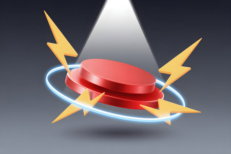 Empty red stage podium surrounded by lightning symbols under a bright spotlightの素材