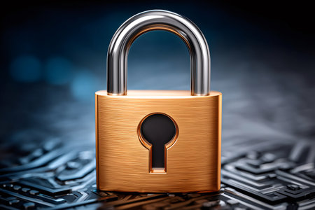 Padlock symbolizing cybersecurity, data protection, and digital privacy on a circuit board backgroundの素材
