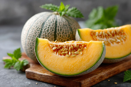 Cantaloupe fruit with fresh slices and mint leaves on a dark backgroundの素材