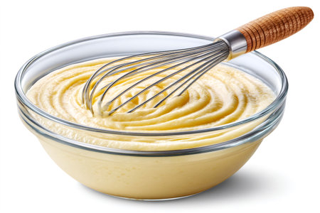 Creamy yellow custard or batter in a glass bowl with a metal whisk, isolated on whiteの素材