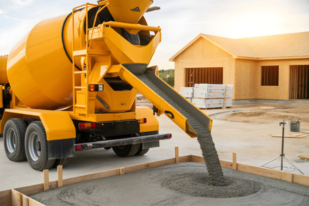 Yellow cement mixer truck pouring wet concrete into a wooden formwork at a new residential construction siteの素材