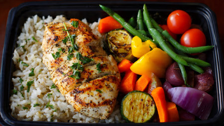 Grilled chicken breast with brown rice and roasted vegetables in a meal prep containerの素材