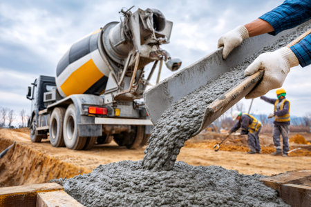 Workers pouring concrete from a truck mixer creating a new building foundationの素材