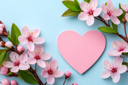 Pink heart with space for text framed by delicate cherry blossom branches on light blueの素材