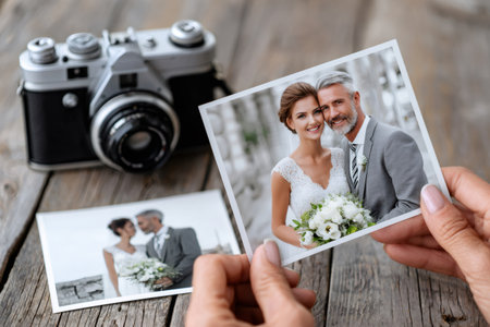 Hands holding a printed wedding memory with vintage camera on wooden tableの素材