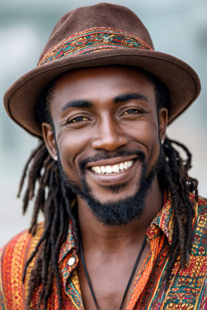 Cheerful african man with dreadlocks, beard, and hat posing for a portraitの素材