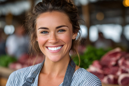 Woman smiling, wearing an apron, working at a market with meat in the backgroundの素材