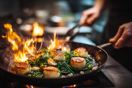 Chef cooking scallops and greens with striking flames bursting from the panの素材