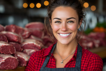 Woman butcher smiling, wearing an apron and plaid shirt, standing in front of raw beef cutsの素材