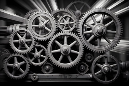 Interlocking metallic gears creating a complex industrial mechanism in monochrome tonesの素材