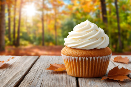 Sweet cupcake with vanilla frosting resting on a rustic wooden table with autumn leaves and forest backgroundの素材