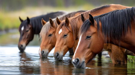 Wild horses quenching their thirst, drinking fresh water from a river in natureの素材