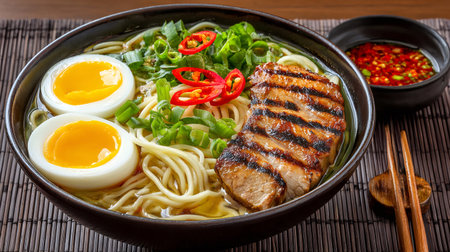 Japanese ramen with broth, pork belly, soft boiled eggs, scallions, chili, and chopsticksの素材