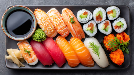 Assortment of fresh sushi, sashimi, and maki rolls on a black platter, ready to eatの素材