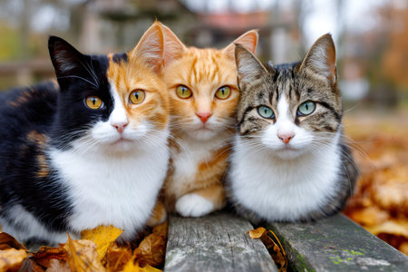 Three domestic cats with different fur patterns sitting together on a wooden bench among autumn leavesの素材