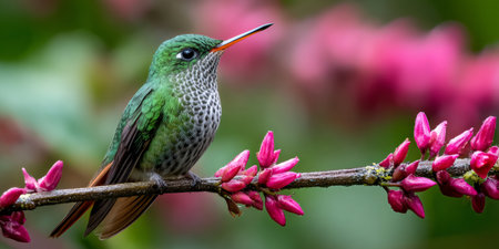 Rufous tailed hummingbird sitting on a branch with vibrant pink flower buds in natureの素材