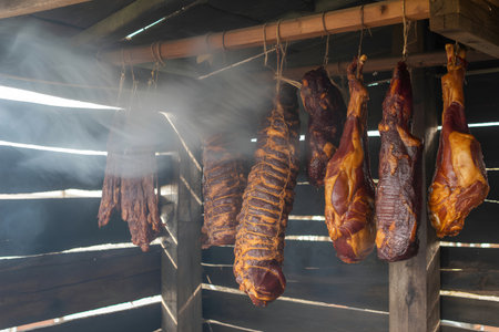 Cured meat products hanging in a traditional smokehouse, smoke rising through wooden planksの素材
