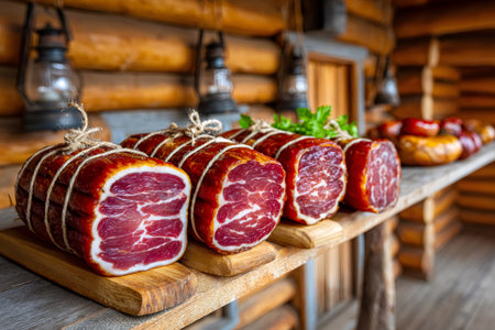 Cured pork meat, expertly tied with string, displayed outdoors on rustic wooden planksの素材