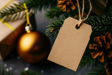 Kraft paper tag with string hanging on a decorated fir tree branch with ornamentsの素材