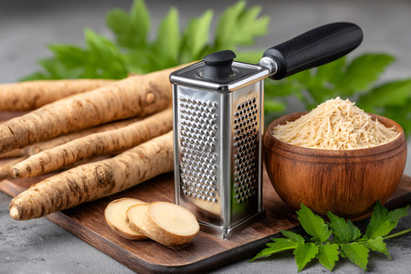 Fresh horseradish roots and grated spice in a wooden bowl for culinary useの素材