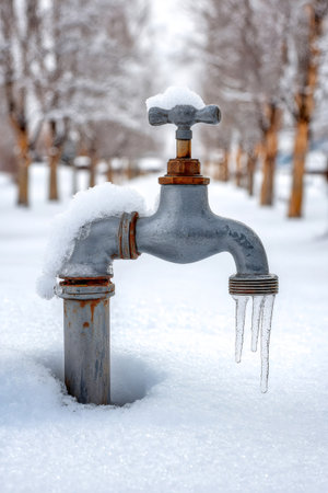 Old metal spigot in deep snow with ice formations, indicating freezing cold weatherの素材