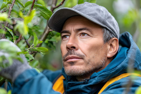 Man gardening outdoors, wearing a cap and protective gloves while pruningの素材