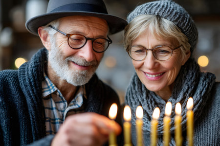 Senior couple happily lighting menorah candles, celebrating Hanukkah holiday traditionの素材